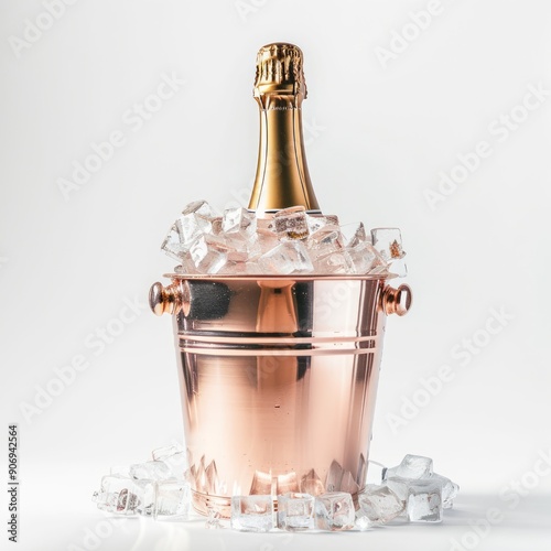 Obraz na płótnie Medium shot of a Champagne bottle in the bucket full with ice, isolated on a white background, w salonie