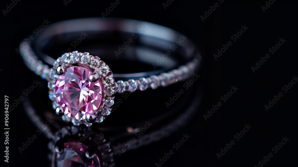 Close-up of a diamond-studded pink gemstone ring on a black background, jewelry, luxury