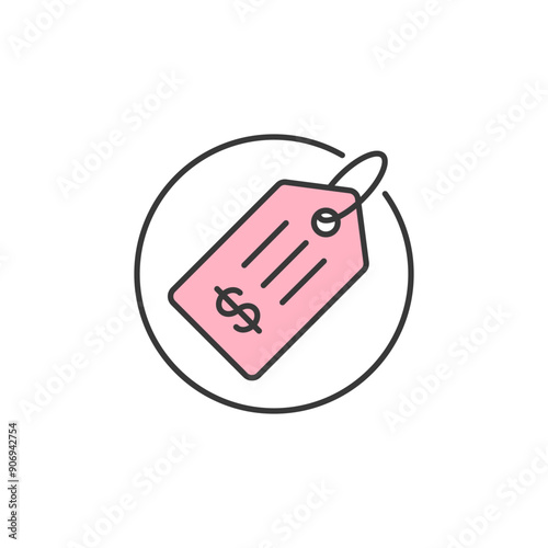 Price Tag icon. Illustration of price label with pink color and dollar symbol. Graphic resource of amount of money cost for a product in tag. The tag that show product worth in trade value of money.