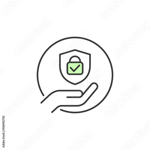 Secure lock icon. Illustration of virtual or digital protection and safety transaction or operation system symbolize by a hand holding a padlock with green checklist in circle.