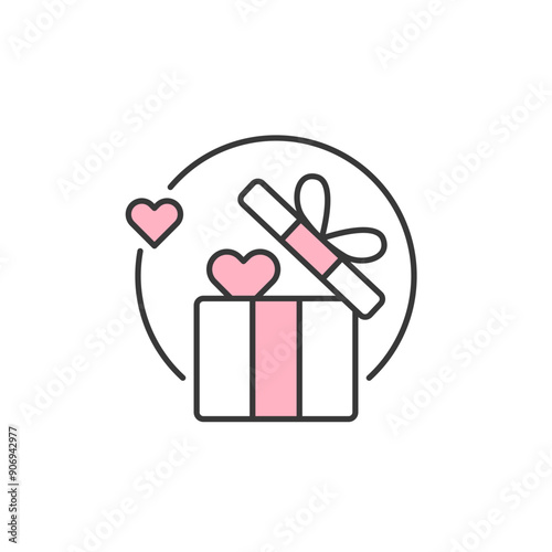 Gift box icon. Graphic resource for business activity as a reward program for loyal customer given gift box as appreciation. Illustration of open box with pin paper wrap line and ribbon and hearts.