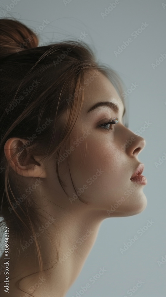 Profile portrait of a woman with sleek hair in a bun against a plain gray background, elegant, beauty Profile portrait of a woman with sleek hair in a bun against a plain gray background, elegant, beauty