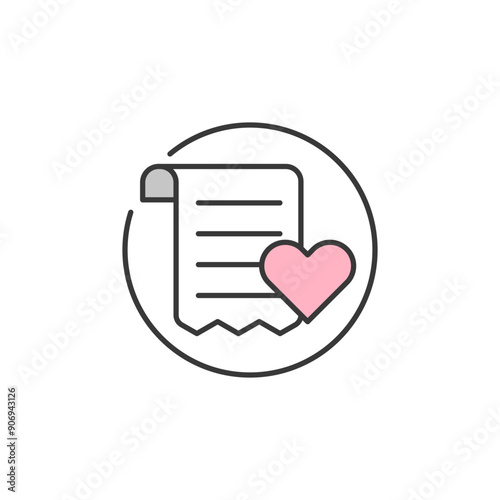 Wishlist heart icon. Graphic resource for certain things wanted to accomplish illustrated  by a note with pink heart in circle. Symbol of bucket list in life describing things to buy or a life goal.