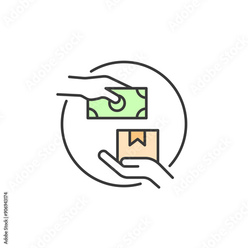 Cash on delivery icon. Graphic resource of transaction activity customer make payment after receiving or after the package. Illustration of one hand giving money and other hands delivering package.
