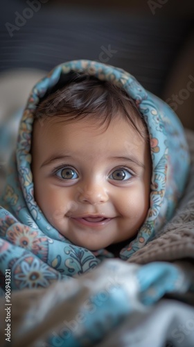 A baby smiles while wrapped in a patterned blanket. AI.