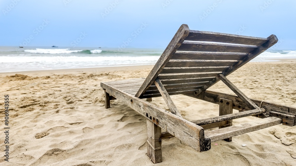 An empty wooden lounge chair on a sandy beach, symbolizing relaxation and summer vacations by the sea An empty wooden lounge chair on a sandy beach, symbolizing relaxation and summer vacations by the sea