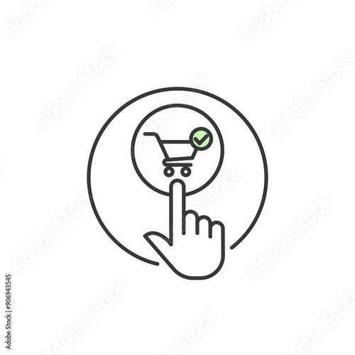 Shop now button icon. Picture of hand with index finger clicking on chart with green checklist. It symbolizes persuasive gesture to make the purchasement right away. Illustration of shopping activity