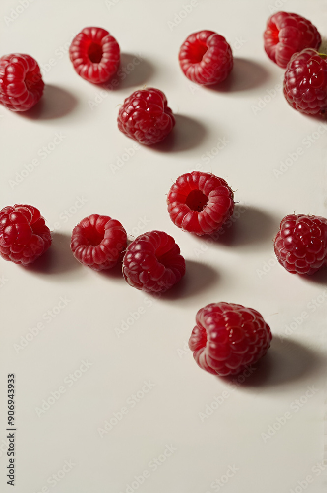A minimalist photograph of a raspberry, close-up, against a plain white and cream background. The overall design is clean and modern, top view A minimalist photograph of a raspberry, close-up, against a plain white and cream background. The overall design is clean and modern, top view