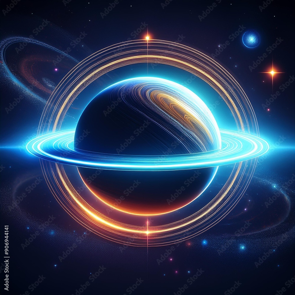The image is a depiction of a planet with a glowing ring around it. The planet is in the foreground and is surrounded by stars. The background is a dark blue. The image is a depiction of a planet with a glowing ring around it. The planet is in the foreground and is surrounded by stars. The background is a dark blue.