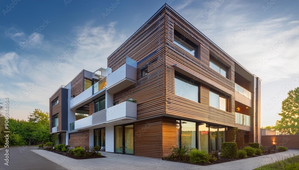 The image shows a three-story apartment building with a modern design The image shows a three-story apartment building with a modern design