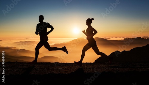 Two runners silhouetted against a sunrise over a mountain range. The image is a composite of a photo and a painting.