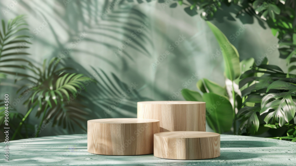 Wooden Display Platforms with Tropical Greenery Background