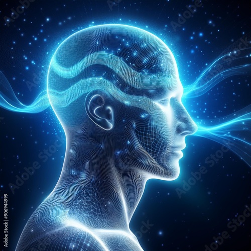 Abstract digital human head with glowing blue waves and stars.
