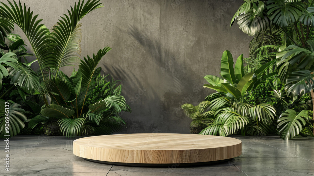 Wooden Platform Surrounded by Lush Tropical Greenery Against a Concrete Wall Wooden Platform Surrounded by Lush Tropical Greenery Against a Concrete Wall