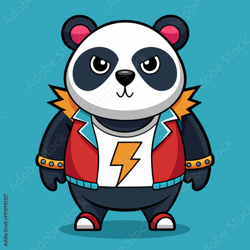 Cartoon panda character in rocker clothes, flat colors