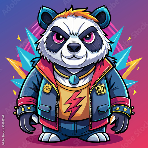Cartoon panda character in rocker clothes, flat colors
