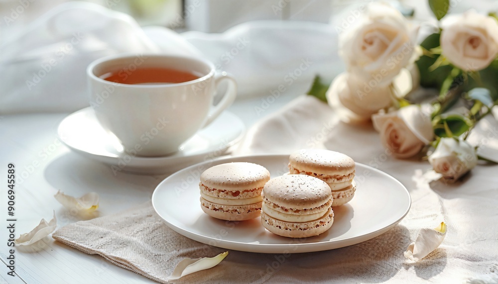 a white plate topped with three macaroons next to a cup of tea a white plate topped with three macaroons next to a cup of tea