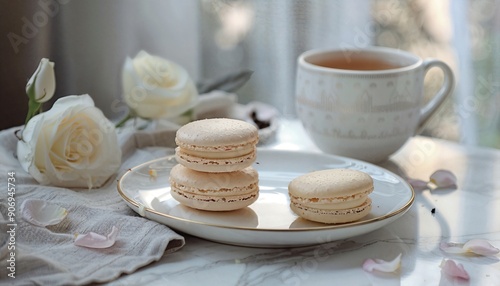 a white plate topped with three macaroons next to a cup of tea