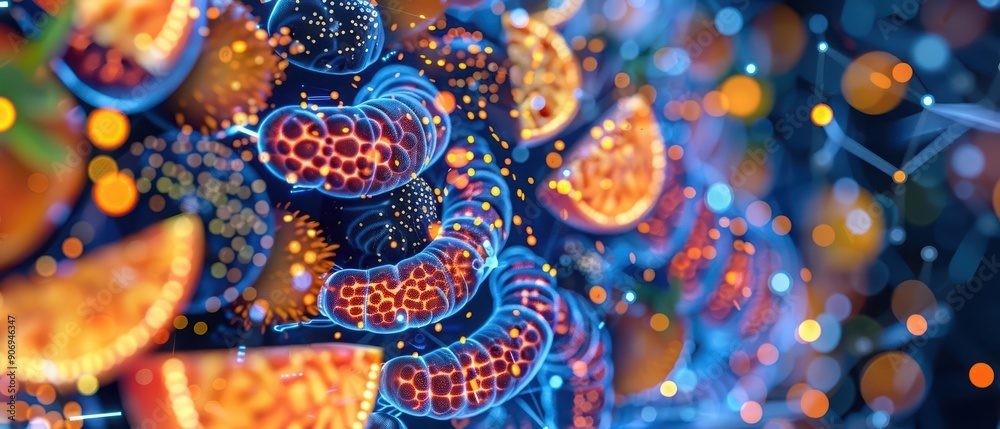 A digital intestine illuminated by supernatural fruits and vegetables, symbolizing the advanced nourishment for optimal digestive health, high tech, with copy space A digital intestine illuminated by supernatural fruits and vegetables, symbolizing the advanced nourishment for optimal digestive health, high tech, with copy space