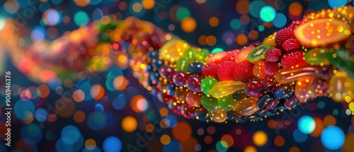 A digital intestine illuminated by supernatural fruits and vegetables, symbolizing the advanced nourishment for optimal digestive health, high tech, with copy space photo