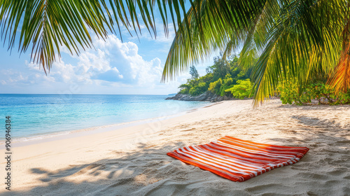 tropical beach with palm trees and a beach towel