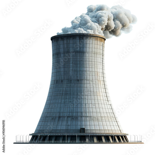 Cooling tower emitting steam in an industrial setting, symbolizing energy production and environmental impact.