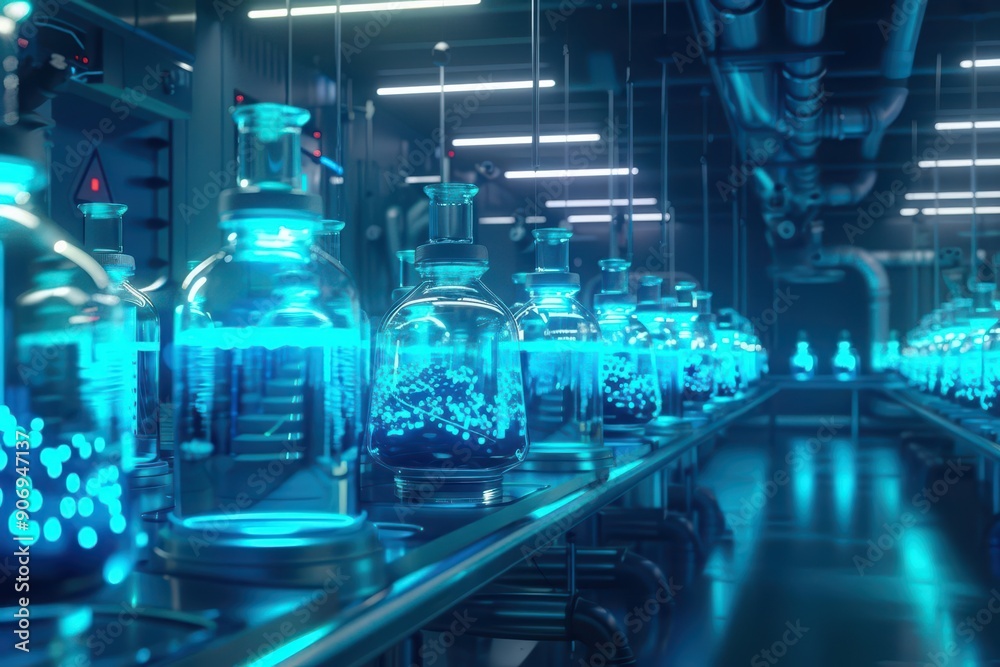 A fantastical research facility where scientists create enchanted medicines that change color to indicate their potency, high tech, with copy space A fantastical research facility where scientists create enchanted medicines that change color to indicate their potency, high tech, with copy space