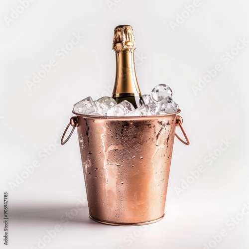 Medium shot of a Champagne bottle in the bucket full with ice, isolated on a white background, 