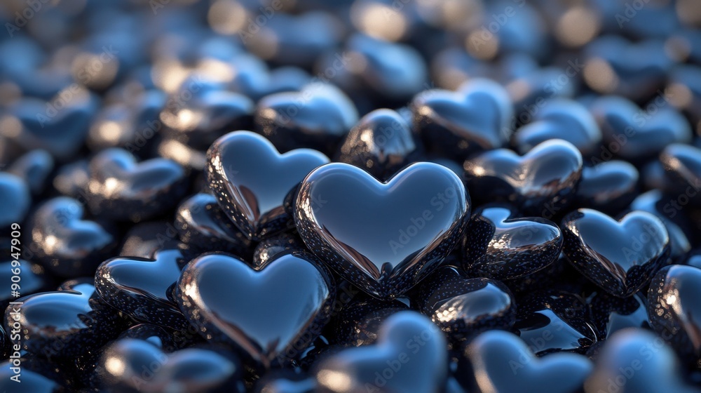 Fototapeta premium Heap of small black hearts, representing love and Valentine's Day. 3D rendering.
