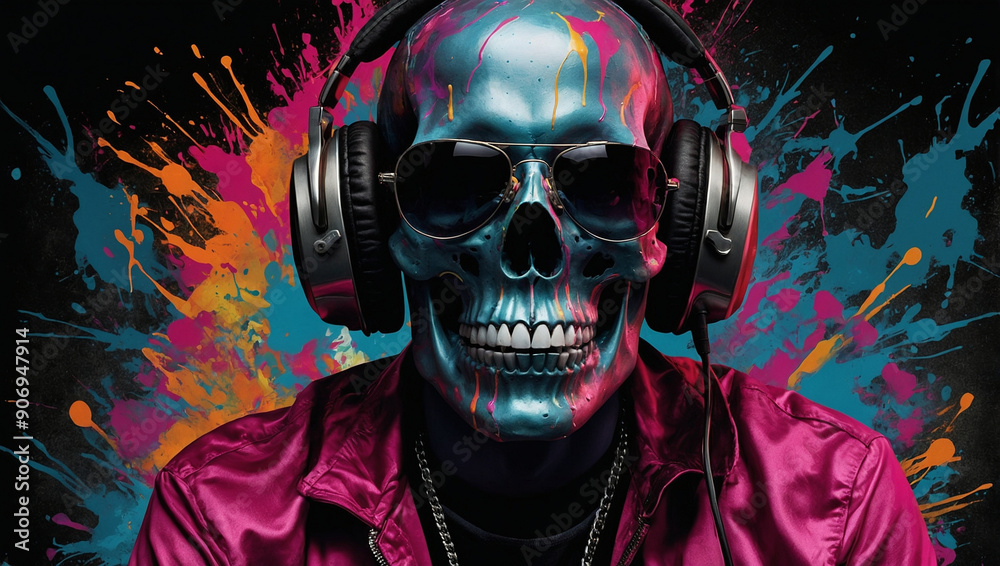 An image of a skull wearing trendy oversized headphones surrounded by swirling acid emoticons. generative AI An image of a skull wearing trendy oversized headphones surrounded by swirling acid emoticons. generative AI