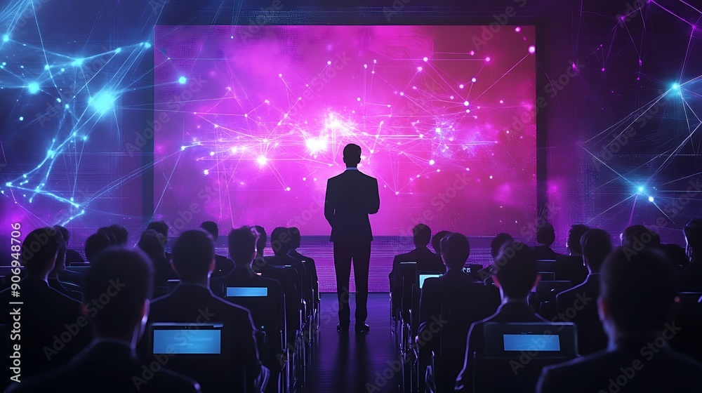 Obraz premium Holographic business presentation, symbolizing advanced communication.