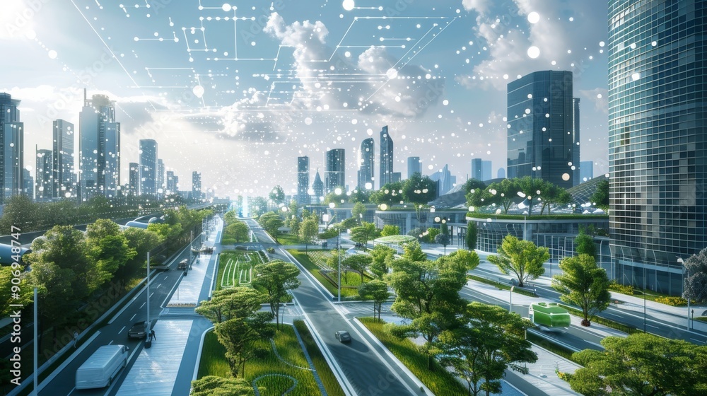 Obraz premium Sustainable Cityscape with Futuristic Technology Network