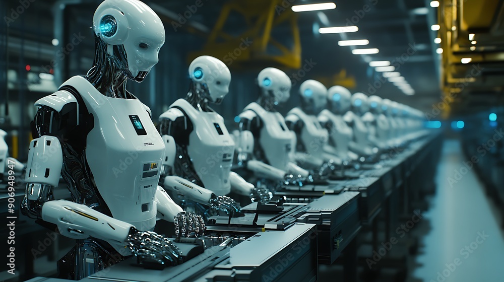 Fototapeta premium Smart factory with robotic workers, representing automated manufacturing.