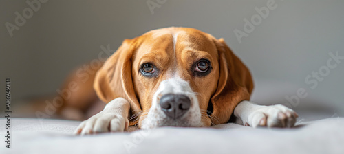 Close-up of beagle dog lying on bed, cute pet portrait, domestic animal, relaxed canine, dog resting, adorable dog face, home comfort, pet lifestyle, beagle breed © iamfrk7