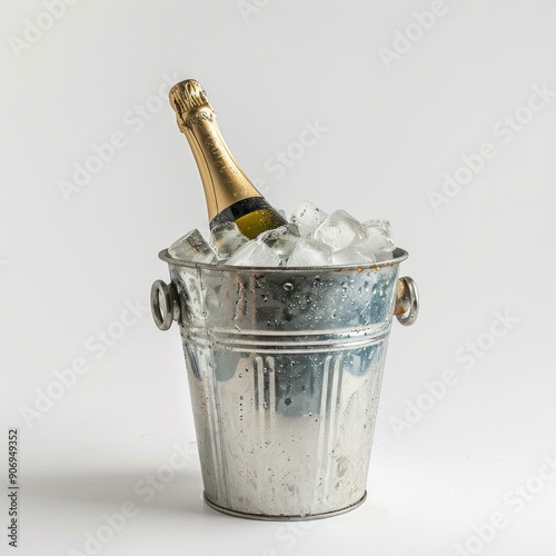 Medium shot of a Champagne bottle in the bucket full with ice, isolated on a white background, 