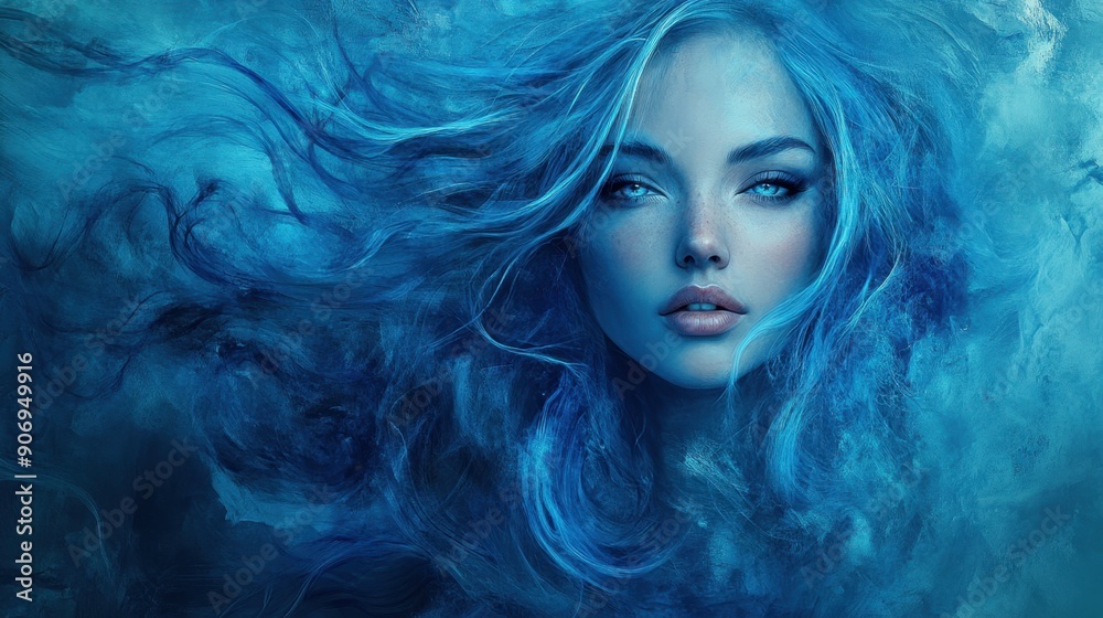 Abstract artistic portrait of a woman with flowing hair in blue tones, ethereal and captivating Abstract artistic portrait of a woman with flowing hair in blue tones, ethereal and captivating