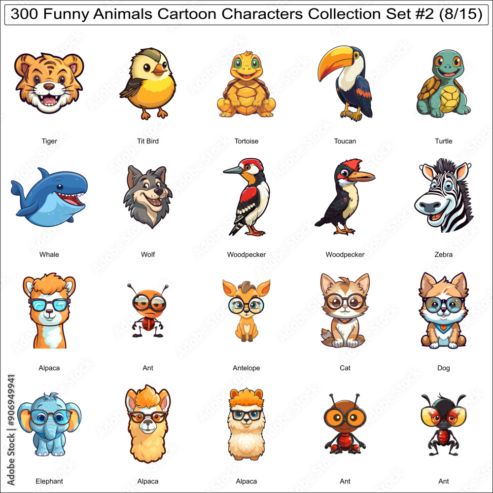 Obraz premium Cute Animals Cartoon Characters Bundle Collection Set of 300 Animals Part 8