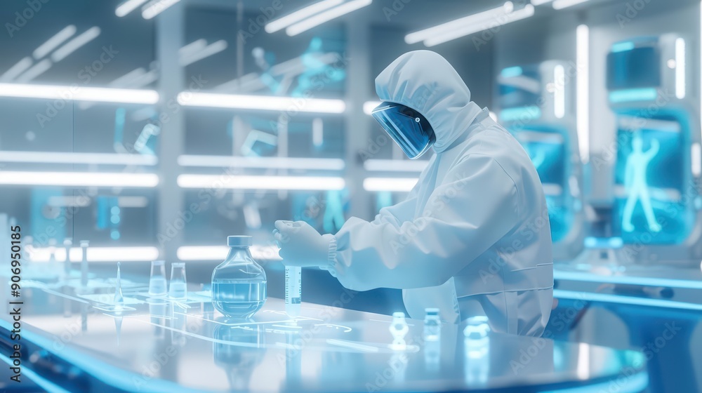 A realistic photo of an immunologist developing vaccines with holographic models, in a futuristic lab, with bright white and blue colors, banner concept A realistic photo of an immunologist developing vaccines with holographic models, in a futuristic lab, with bright white and blue colors, banner concept