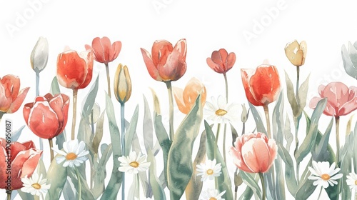 A serene watercolor illustration of tulips and daisies blending harmoniously in a field, isolate on white background with copy space