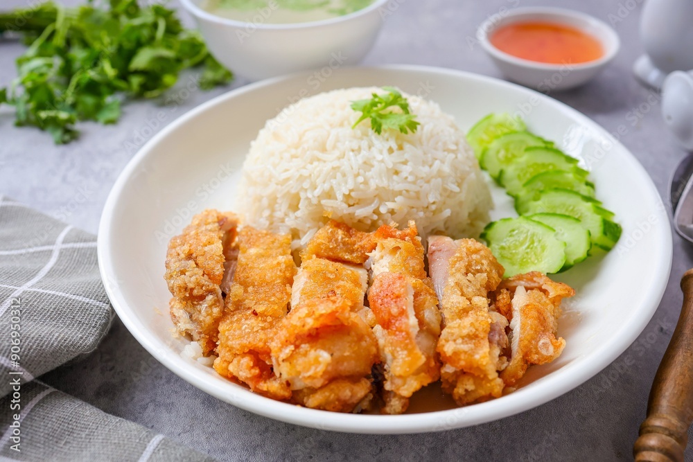 Fried Chicken and rice, rice, chicken, hainanese fried chicken rice, crispy fried chicken ,coriander, cucumber, asian food, thai cuisine, khao man gai tod Fried Chicken and rice, rice, chicken, hainanese fried chicken rice, crispy fried chicken ,coriander, cucumber, asian food, thai cuisine, khao man gai tod