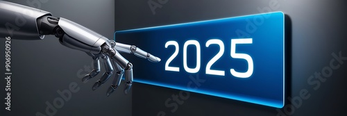 2025 number time calendar push butom blue element. happy new year robotic body part touchscreen happy new year 2025 photo