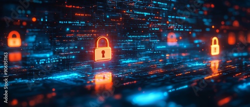 A digital landscape featuring glowing padlock icons amid streams of data, symbolizing cybersecurity and data protection in a vibrant, futuristic setting