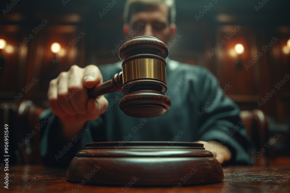 A judge in a courtroom is striking a gavel, symbolizing authority and the conclusion of a legal proceeding amid a traditional wooden backdrop A judge in a courtroom is striking a gavel, symbolizing authority and the conclusion of a legal proceeding amid a traditional wooden backdrop