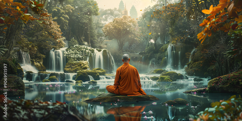 Fototapeta premium Monk in a zen meditation in a forest with waterfalls.