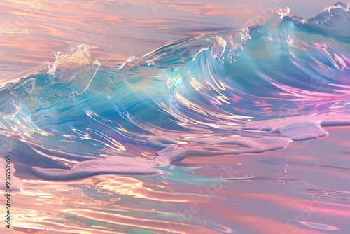 A surreal beachscape with rainbowcolored waves gently crashing onto shore, setting the stage for a fantastical summer holiday, high tech, with copy space photo