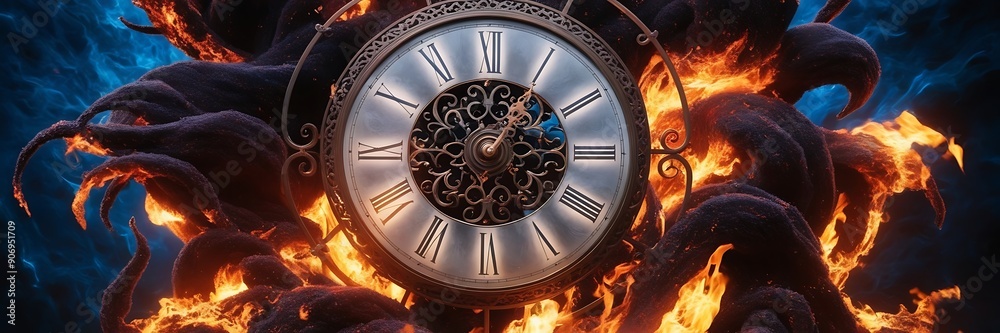 Obraz premium Deadline concept. Burning alarm clock. The flames are orange and the clock is black.