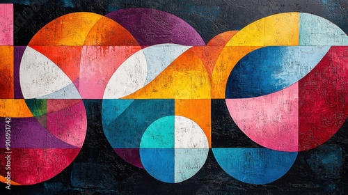 Vibrant abstract art featuring dynamic geometric patterns and bold colors, creating a visually stimulating composition.