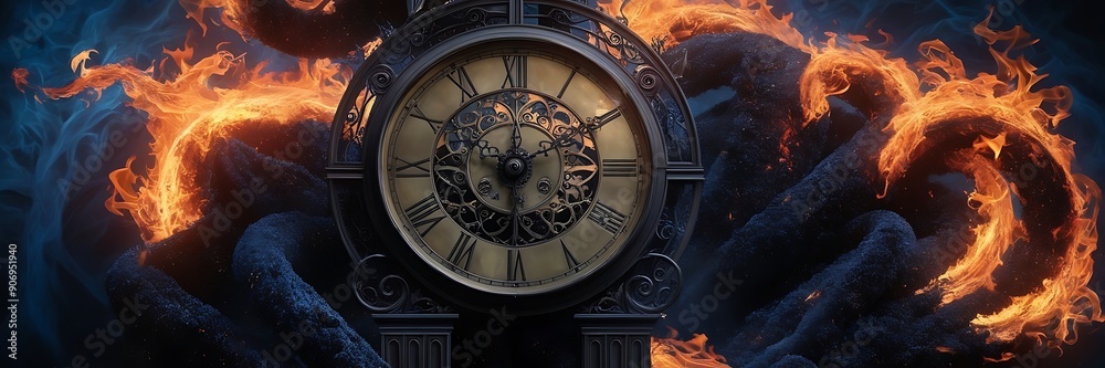 Obraz premium Deadline concept. Burning alarm clock. The flames are orange and the clock is black.