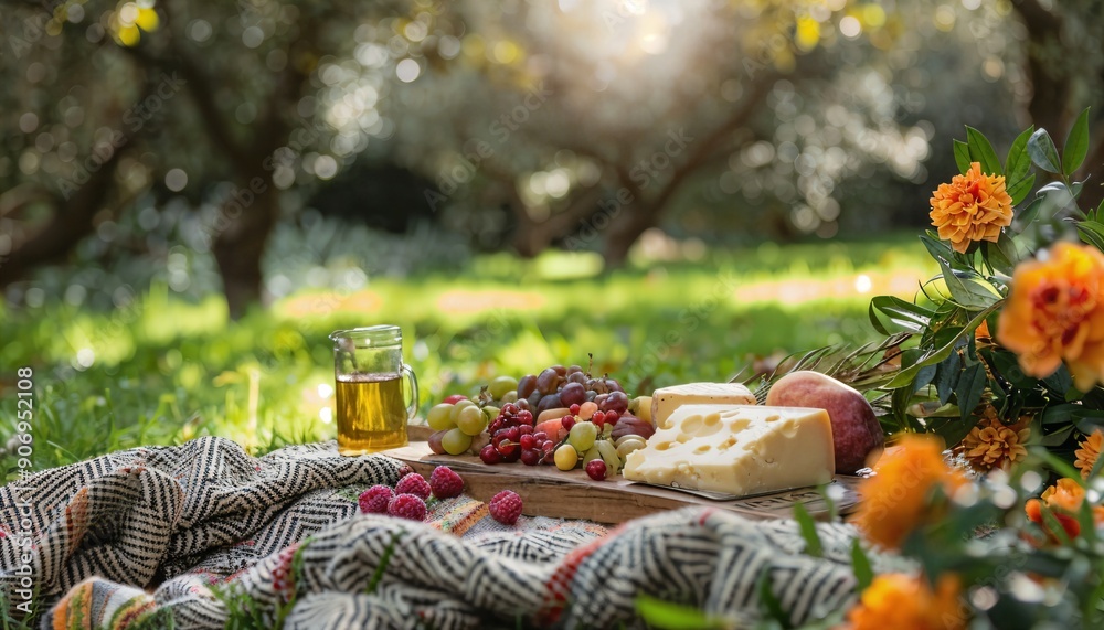 a picnic with cheese, fruit, and honey on a blanket a picnic with cheese, fruit, and honey on a blanket