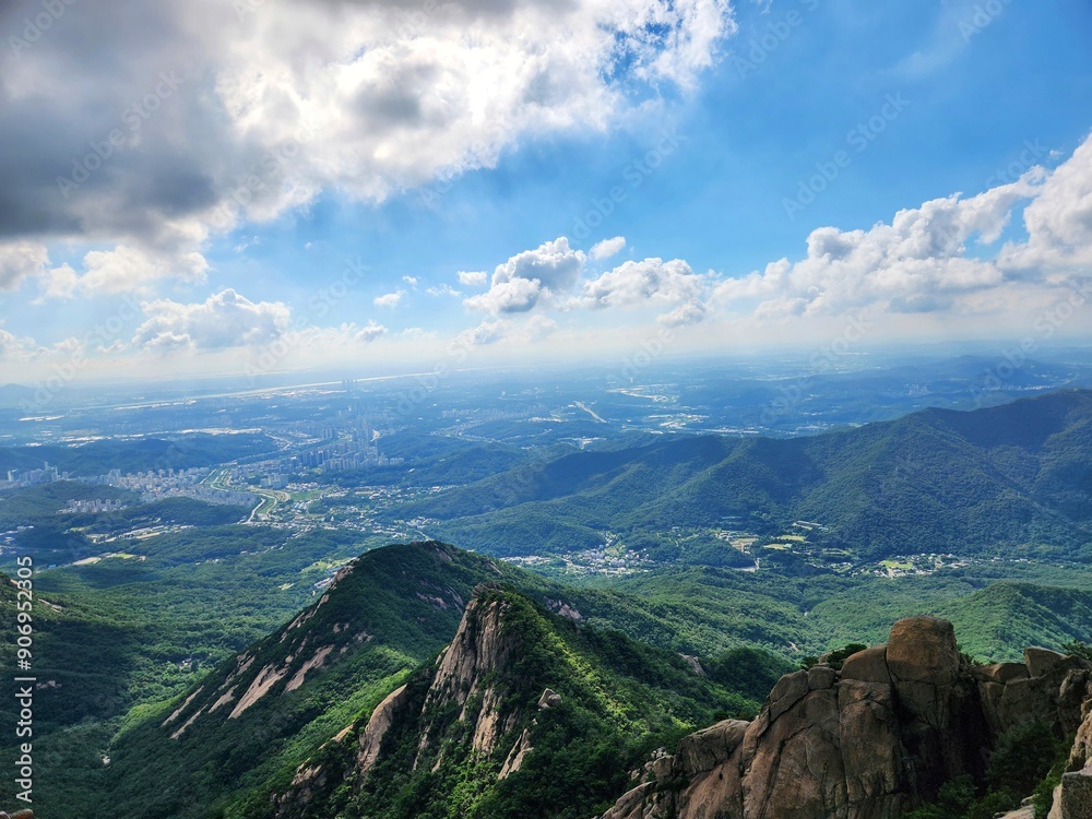Fototapeta premium the top of Bukhansan Mountain in Korea in sunny weather. hiking in korea. mountains Korea Seoul